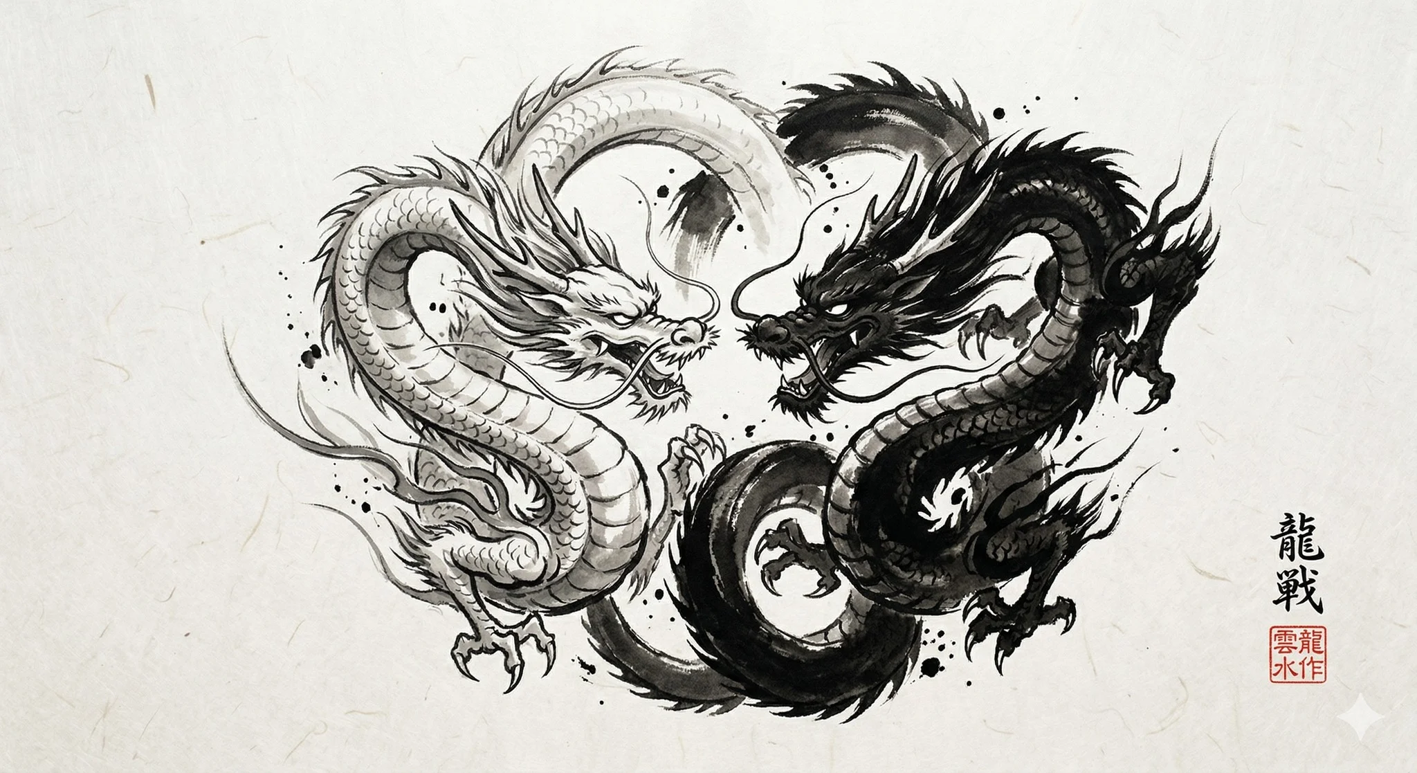 Yin Yang Twin Dragons Sumi-e Ink Painting