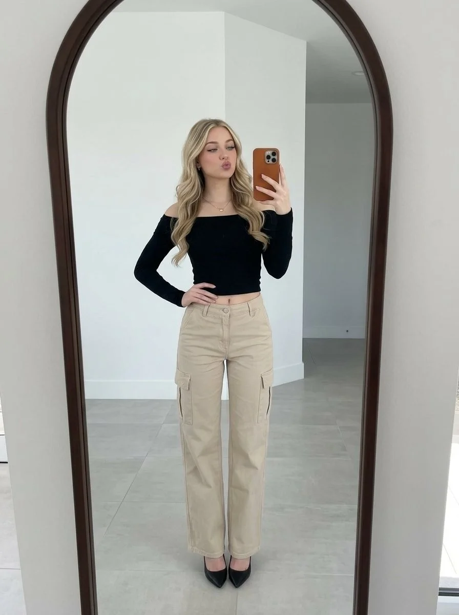 Arched Mirror Selfie Blonde Wavy Hair Cargo Pants Heels Portrait
