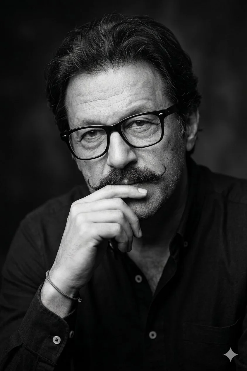 Black White Classic Male Curly Hair Glasses Handlebar Mustache Pensive Portrait