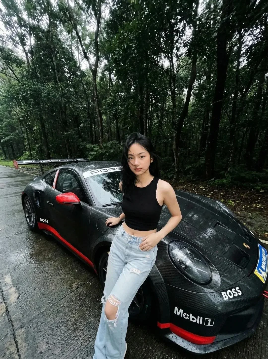 Rainy Forest Road Porsche Sports Car Portrait