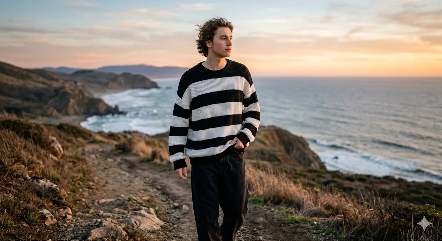 Seaside Sunset Wide-Angle Casual Boy Portrait