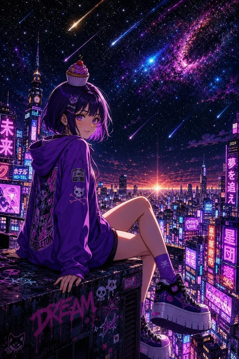 Cyberpunk Cupcake Rooftop Girl