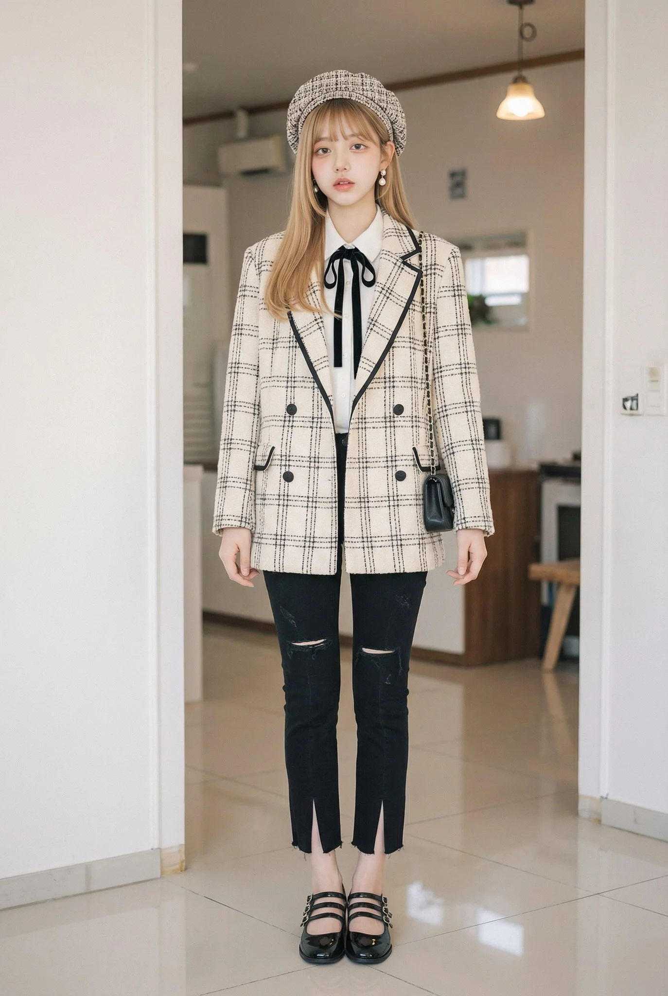 Plaid Tweed Blazer Beret Vintage Outfit