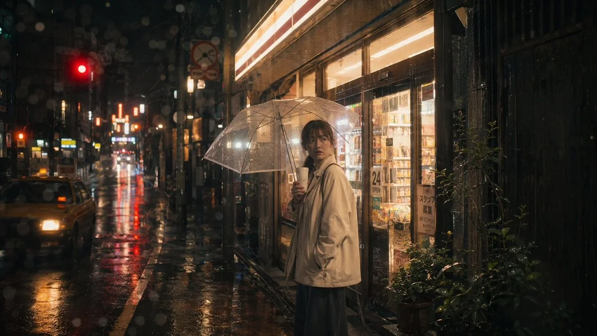 Rainy Tokyo Convenience Store Scene