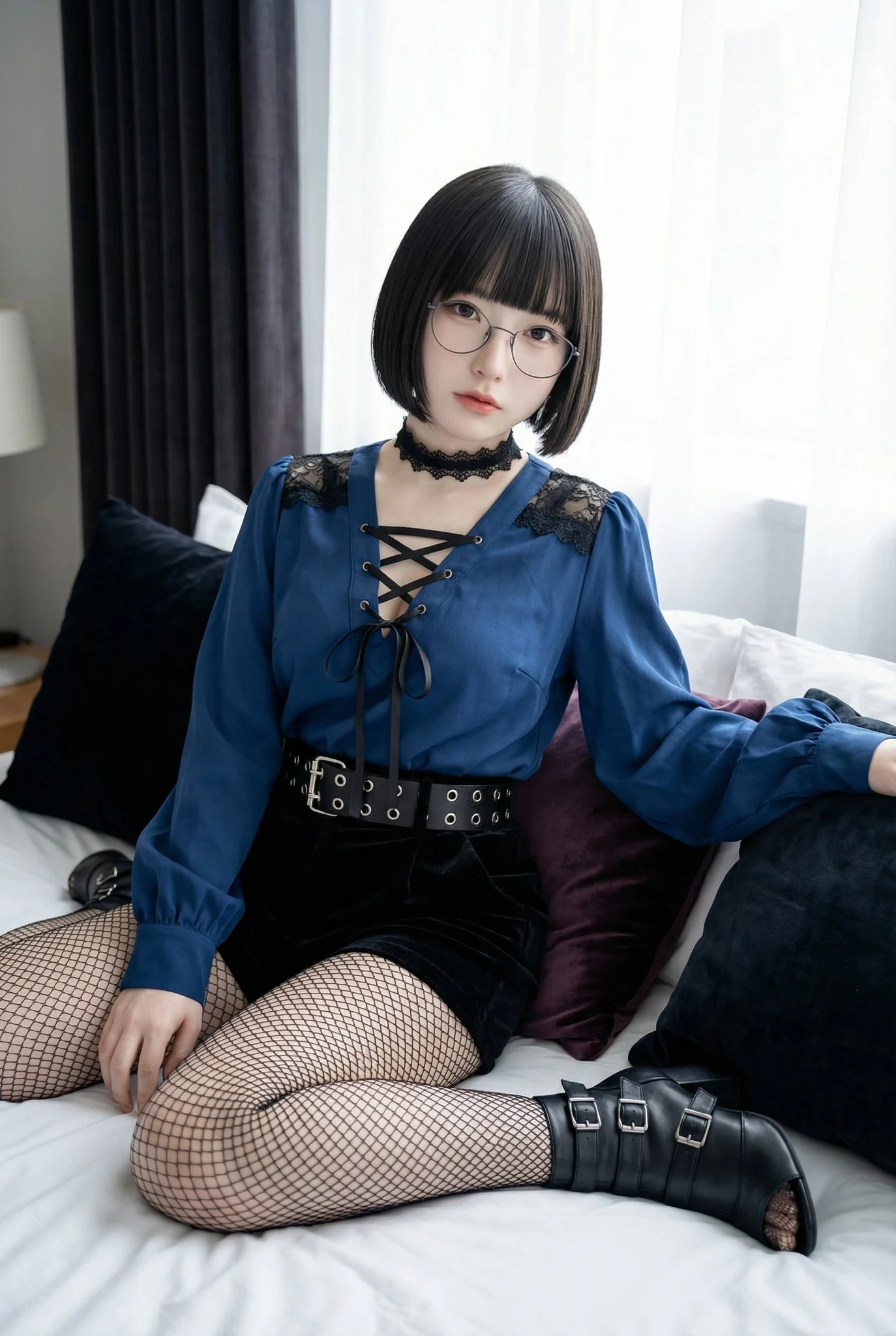 Deep Blue Bishop Sleeve Lace-Up Velvet Shorts Outfit