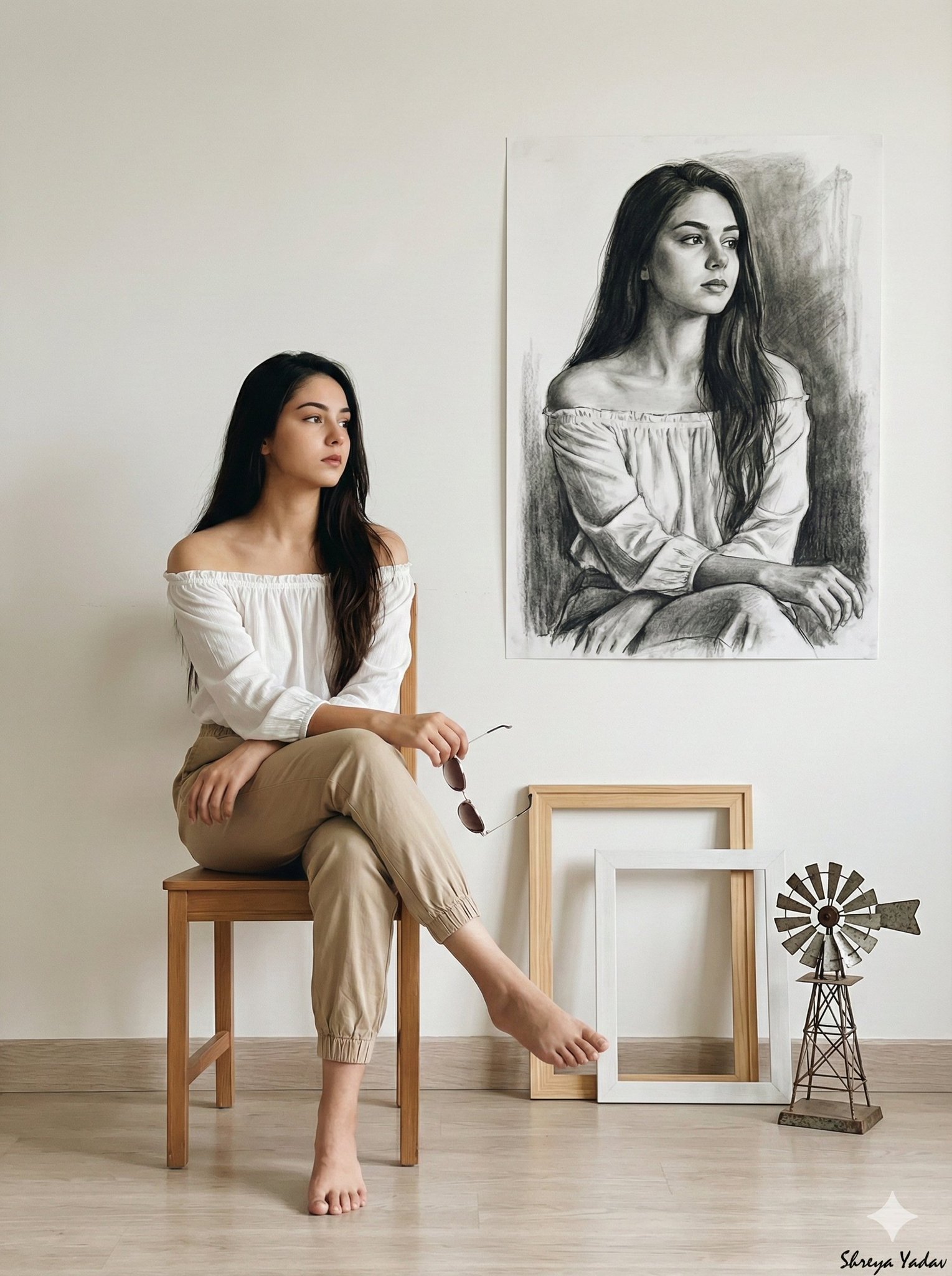 Woman Sitting Barefoot Cross-Legged on a Simple Wooden Chair