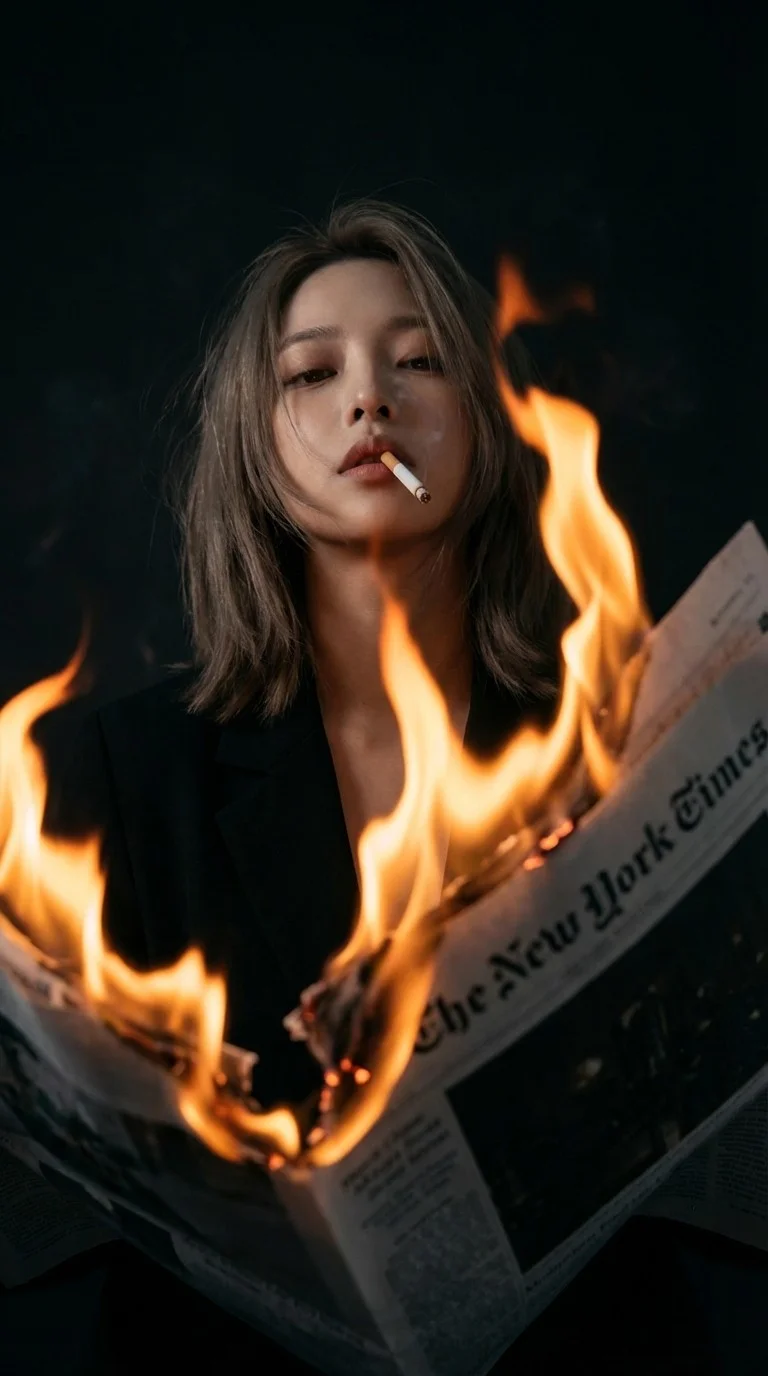 Burning Newspaper Portrait Through Flames