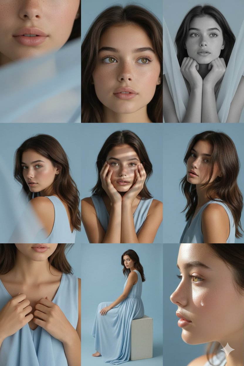 3x3 Grid Soft Pastel Blue Studio Portrait