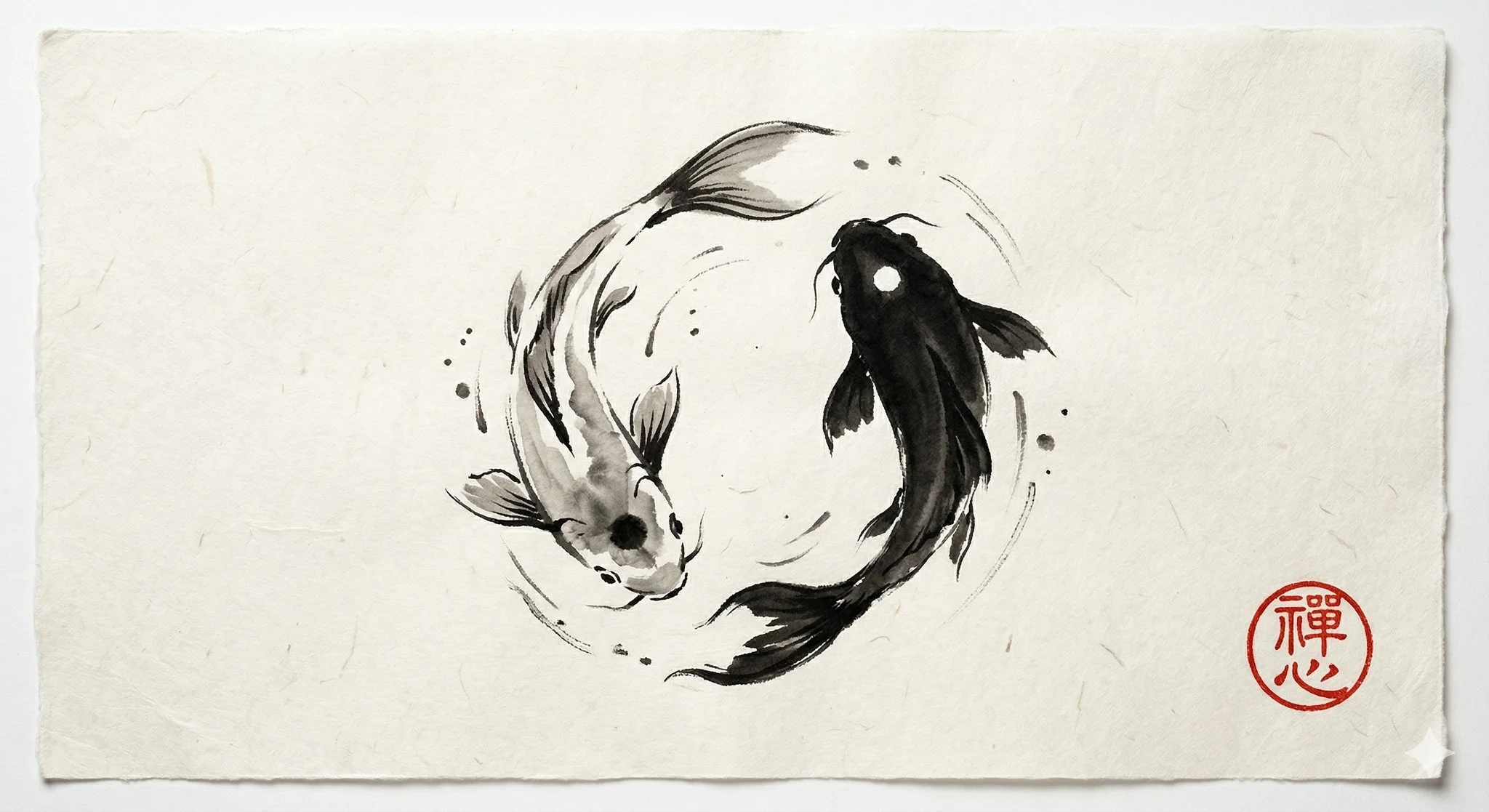 Yin Yang Koi Fish Sumi-e Ink Painting