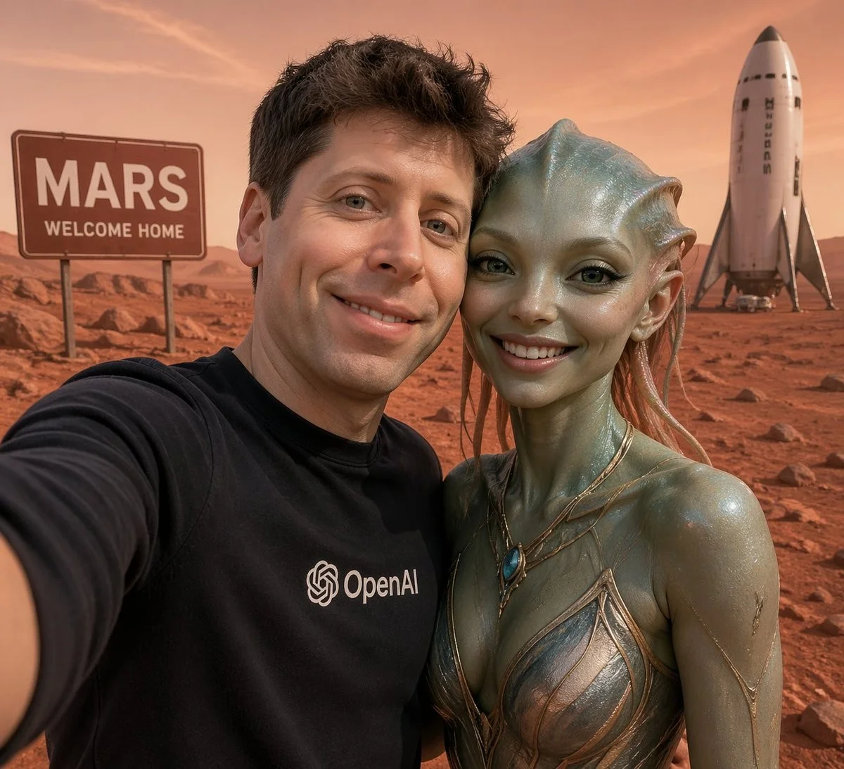 Mars Selfie with Alien and Rocket