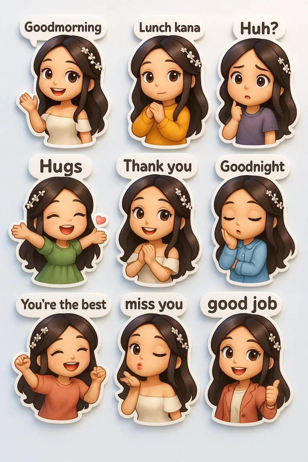 Q version sticker with nine different clothing poses and expressions