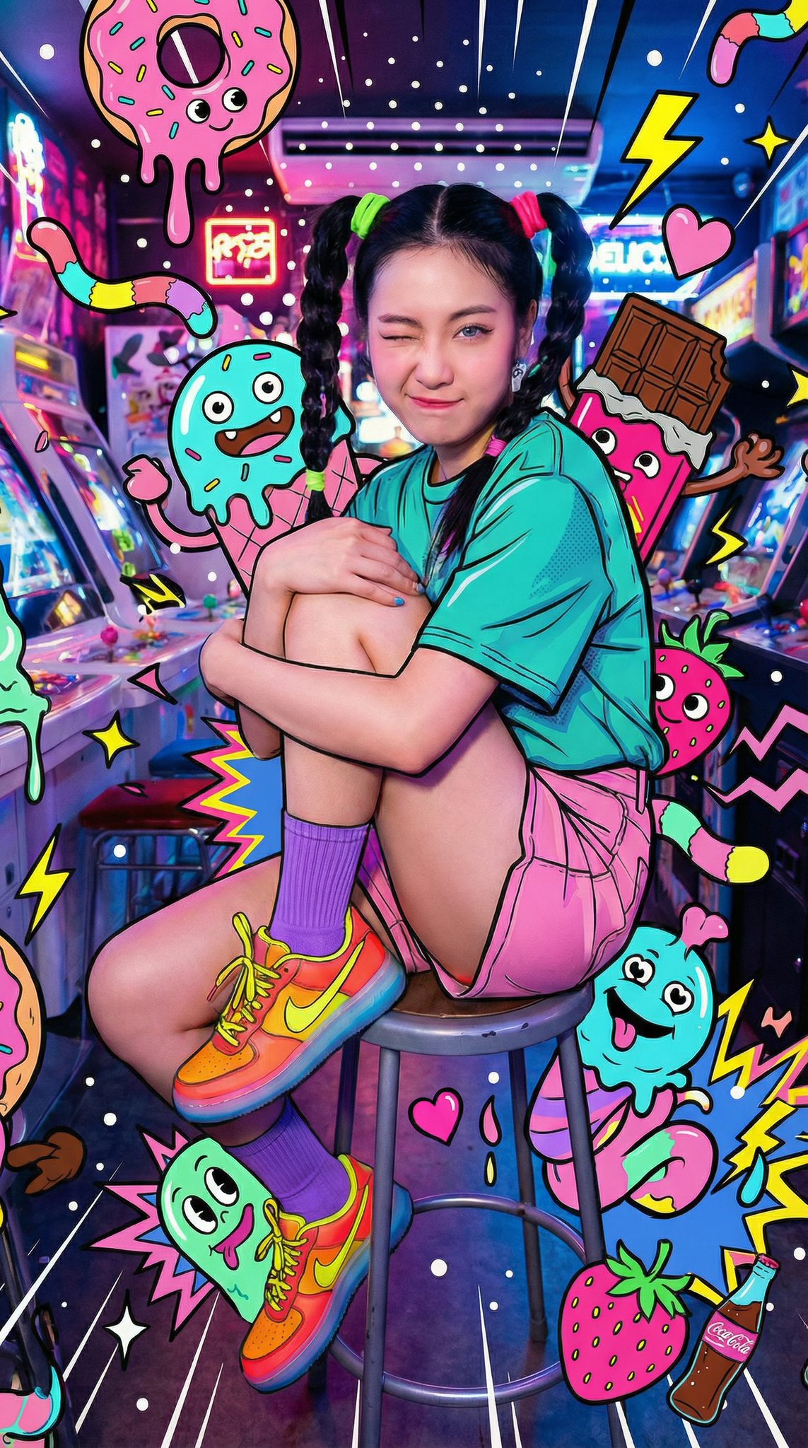 年轻女子侧坐在街机凳上