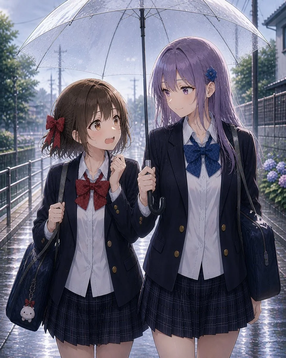 雨后放学撑伞的友人