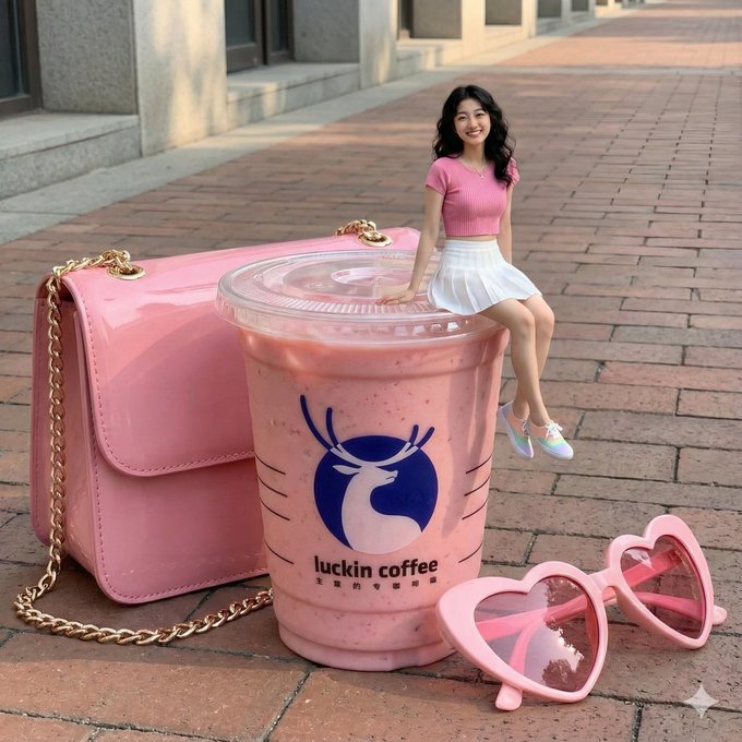 Girl Sitting on a Luckin Coffee Cup