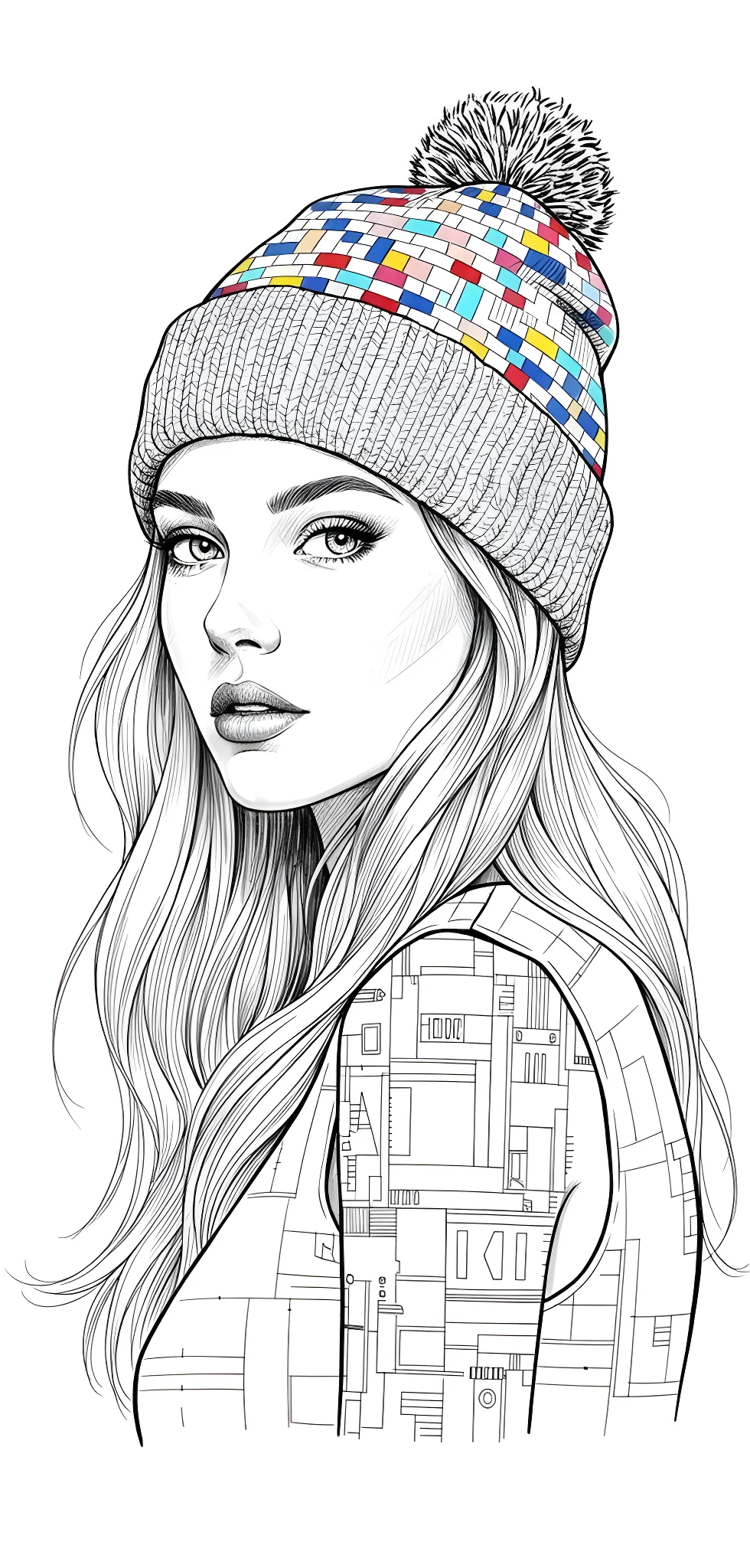 Ultra-detailed Ink Mosaic Beanie Girl