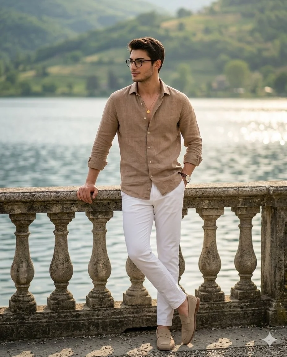 Lakeside Stone Railing Casual Mens Full Body Portrait
