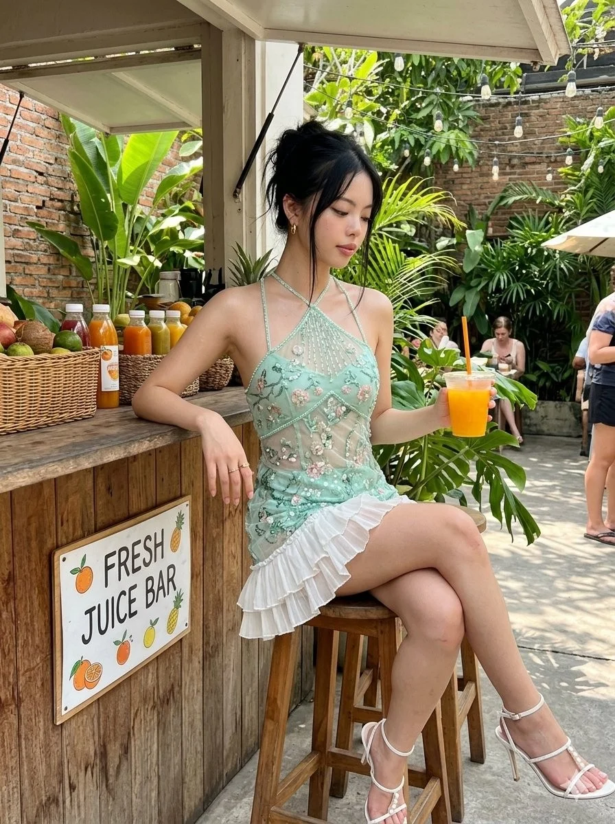 Mint Green Halter Dress Juice Stand Street Photo