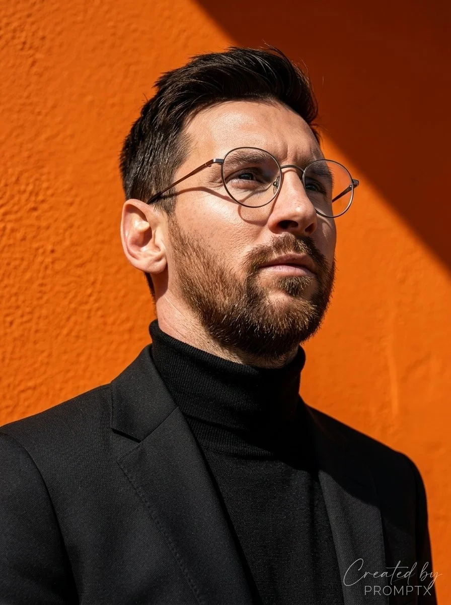 Orange Wall Diagonal Sunlight Male Black Turtleneck Blazer Glasses Portrait
