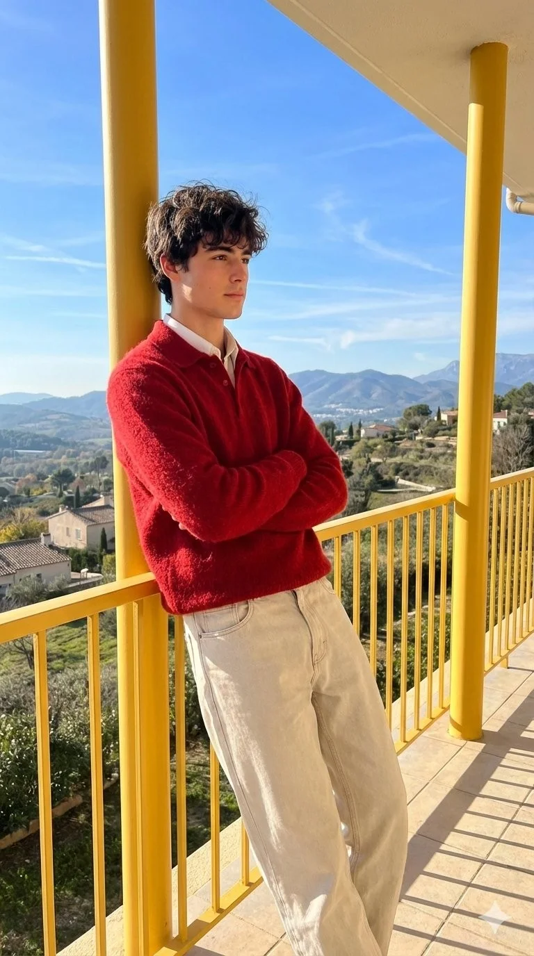 Balcony Red Sweater Boy Mountain View Portrait