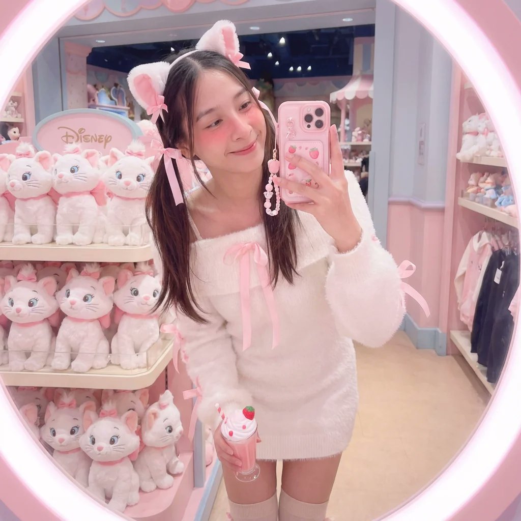 Woman Selfies in a Disney Store Mirror