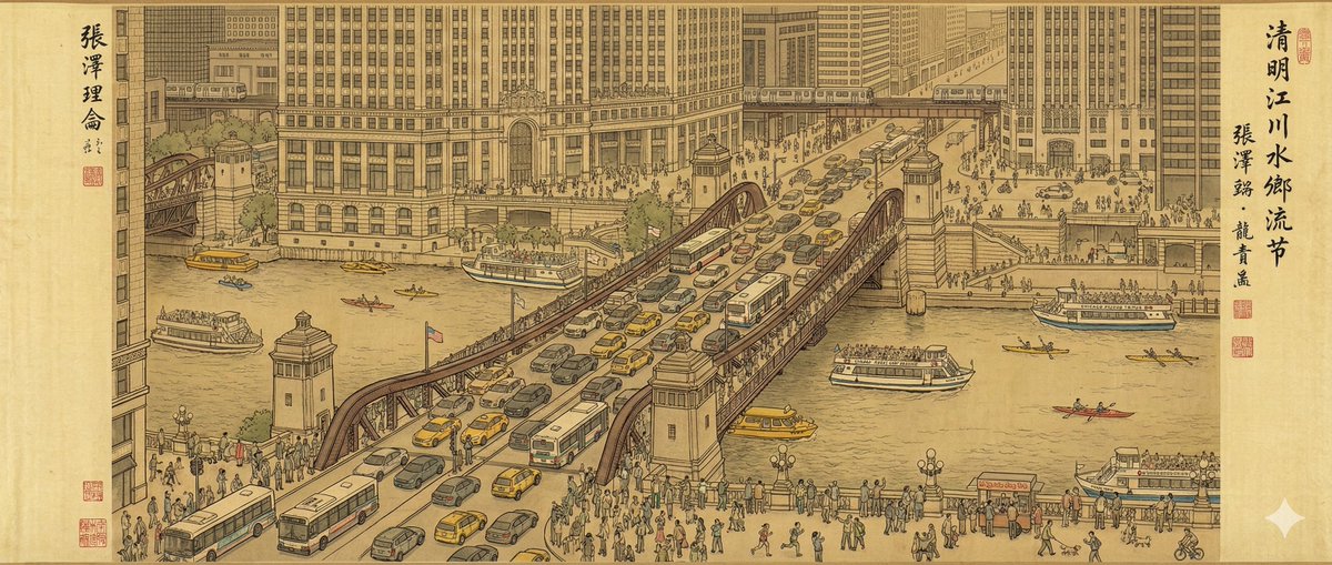 Modern Chicago River Qingming Scroll Style