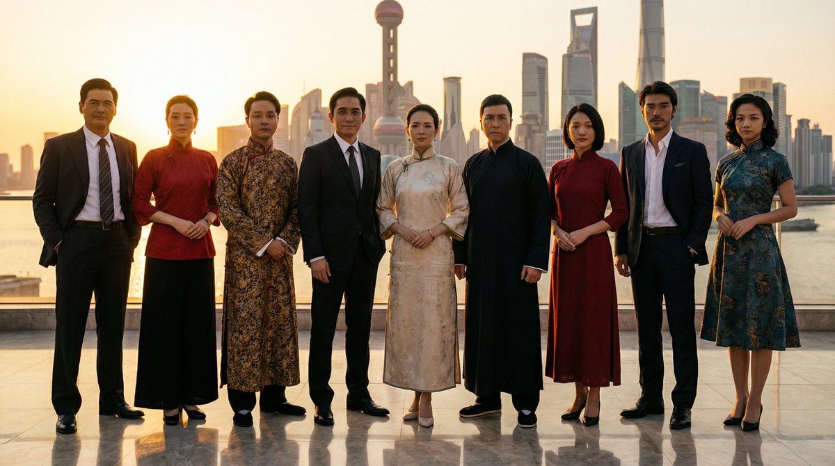 Wearing Famous Outfit Taking Group Photo on Shanghai Bund