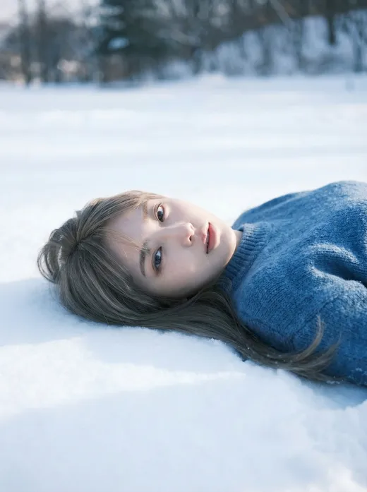 雪地躺卧蓝毛衣少女