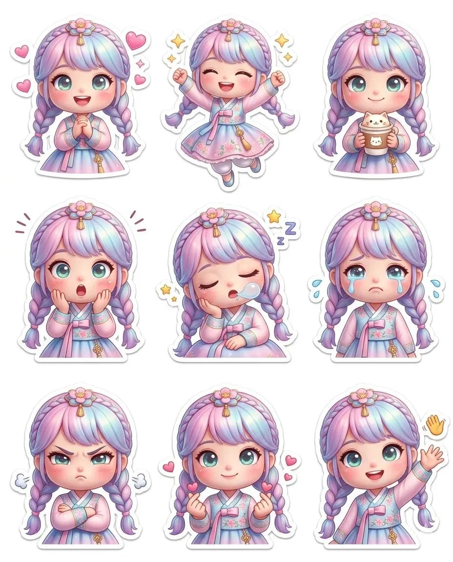 3D Pixar Chibi Doll 9-Grid Expression Sticker Sheet