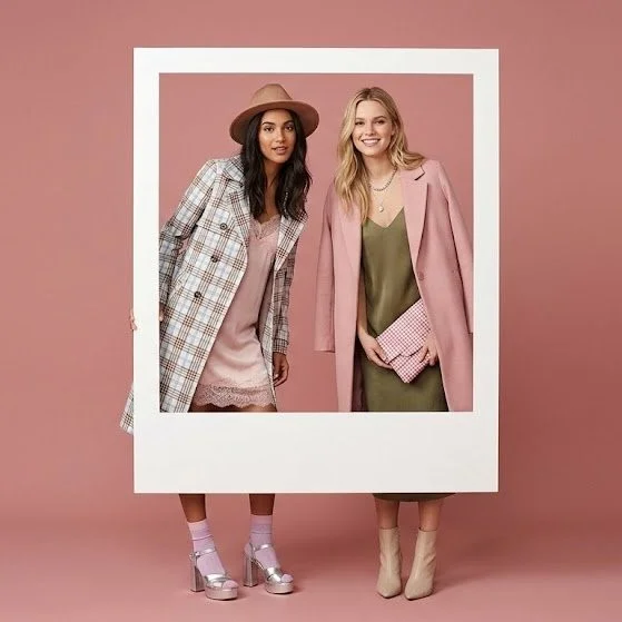 Pink Background Dual Model Polaroid Fashion Editorial