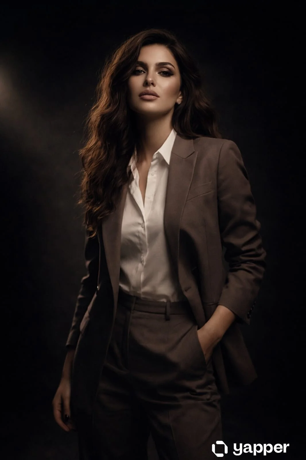 Dark Studio Spotlight Blazer Suit Confident Woman Editorial Portrait