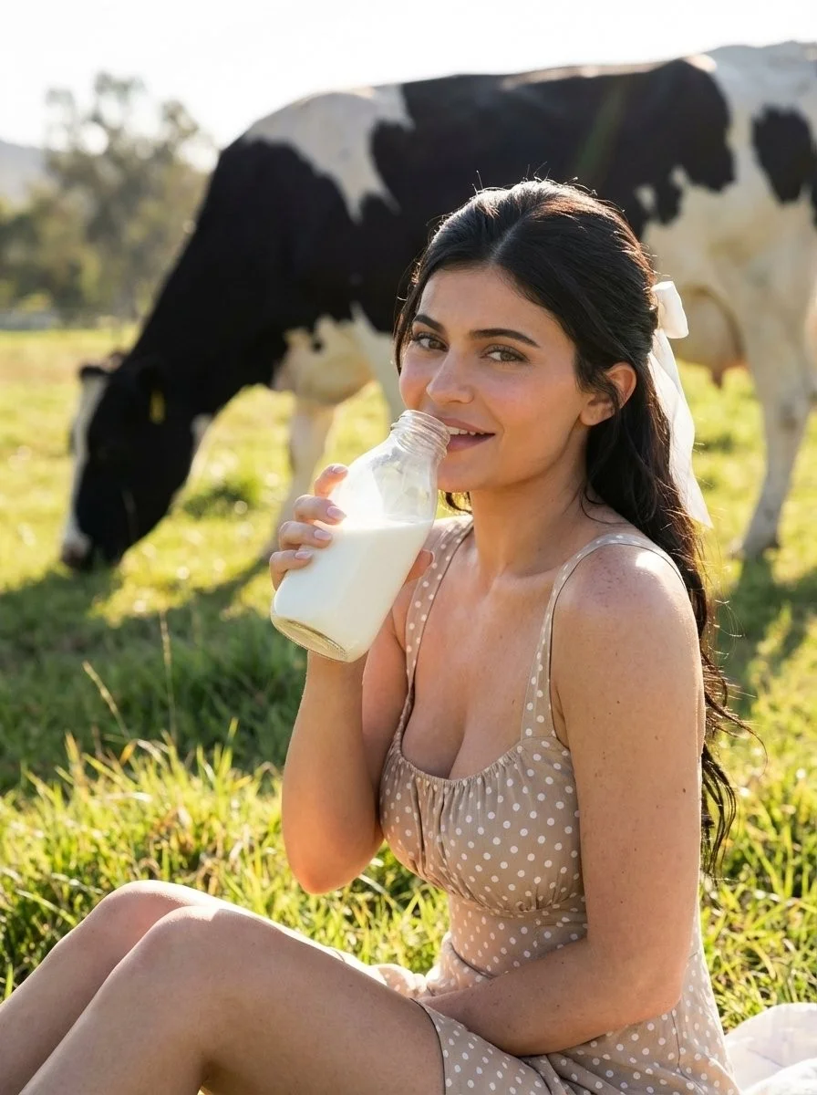 Countryside Field Polka Dot Dress Milk Bottle Cow Rural Editorial Portrait