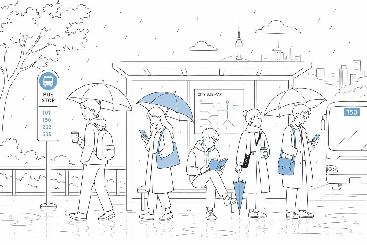 Infographic / Edu Visual - Rainy City Bus Stop Commute