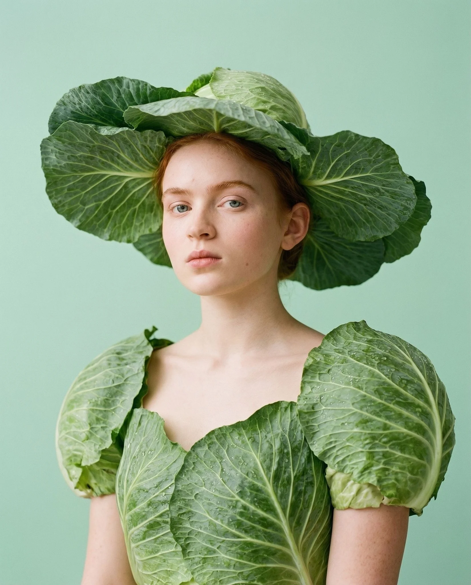 Botanical Haute Couture Cabbage Leaf Hat Mint Green Editorial Portrait