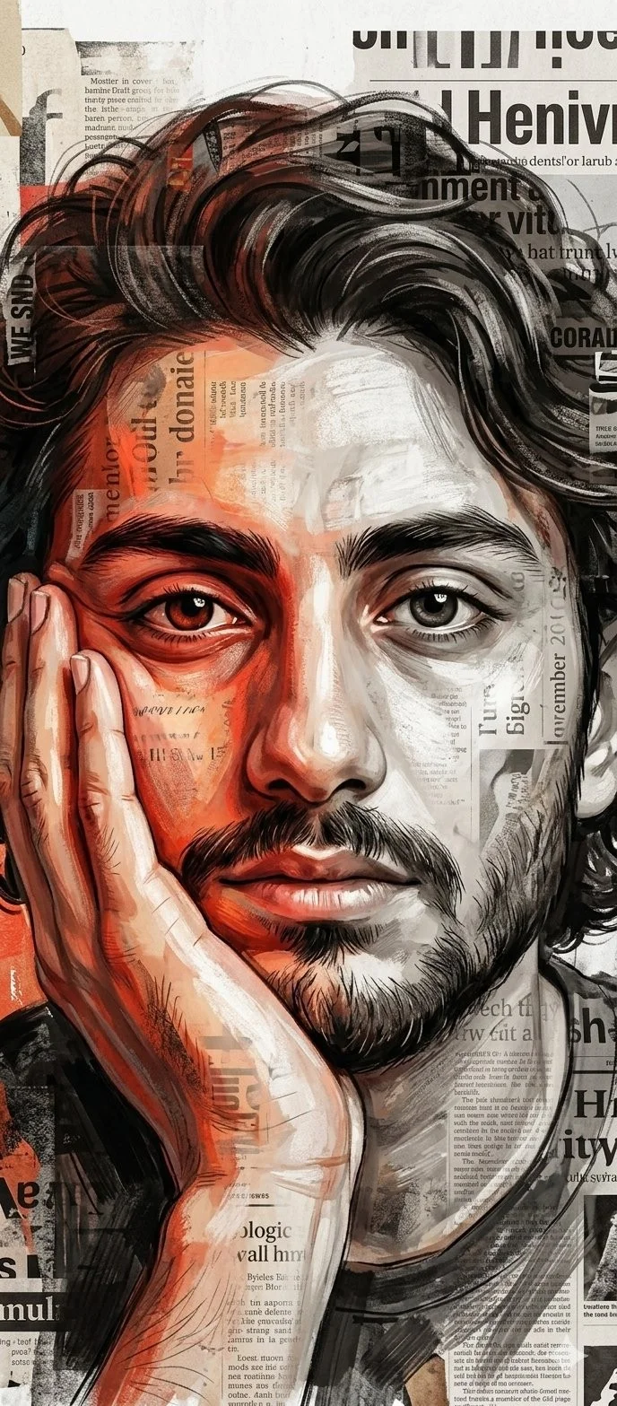 Vintage Newspaper Collage Mixed-Media Digital Painting Portrait