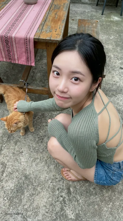 Young Asian woman crouching in a concrete courtyard