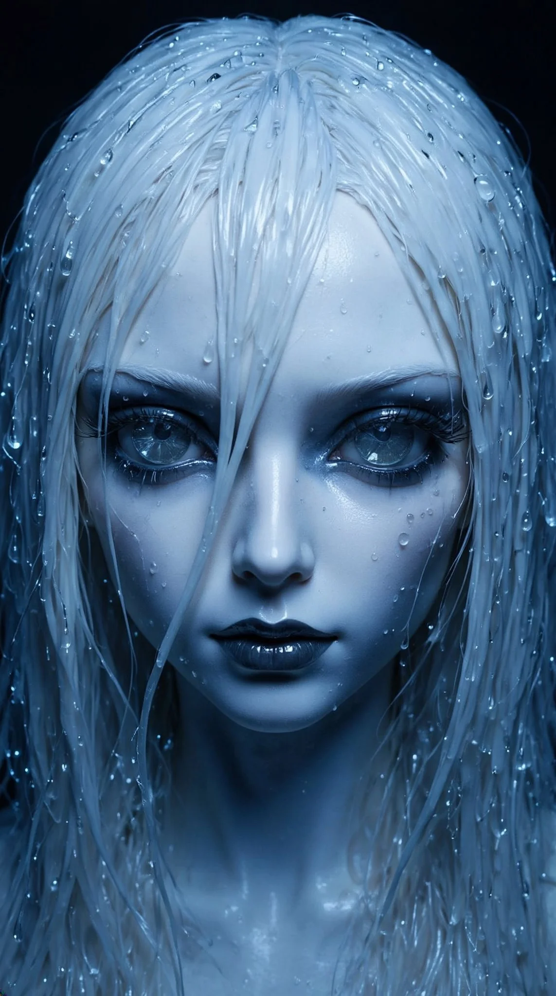 BJD Doll Dark Wet Hair Blue Light Overhead Horror Portrait