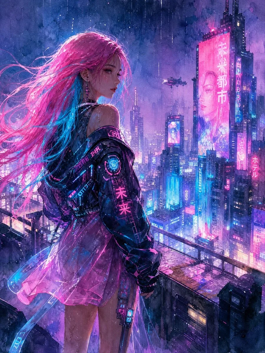 Watercolor Cyberpunk Girl