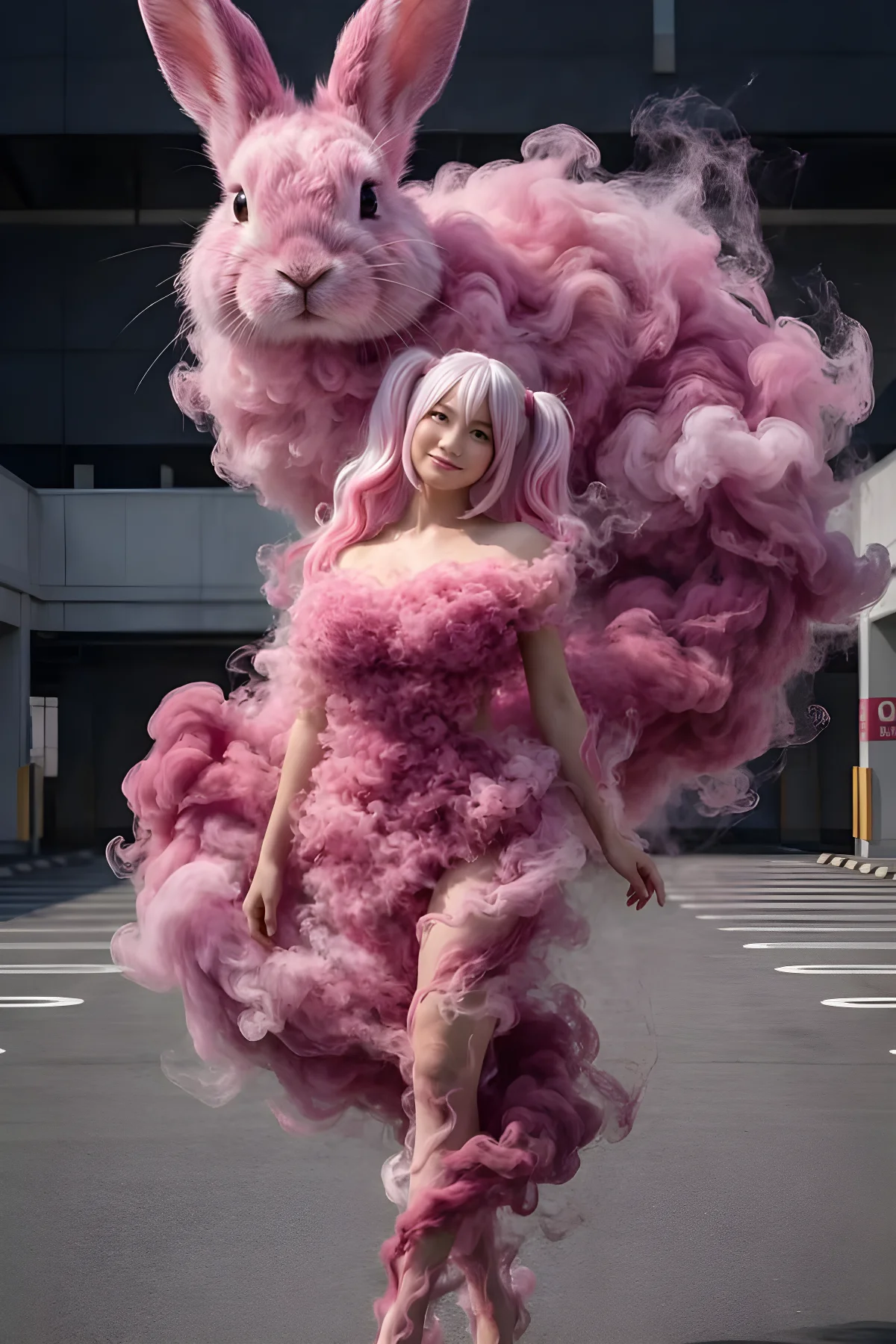 烟粉裙女孩与巨兔