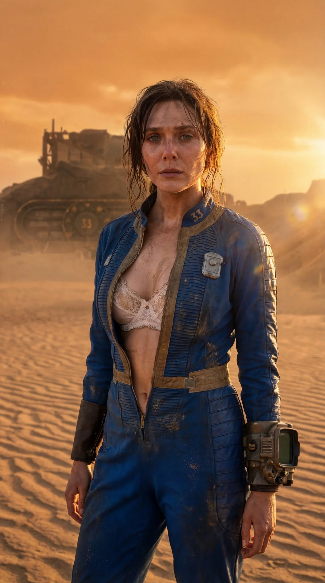 Wasteland Desert Vault Blue Jumpsuit Post-Apocalyptic Cinematic Portrait