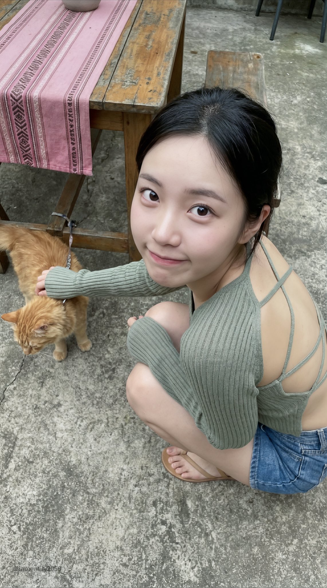 Young Asian Girl Squatting in a Concrete Courtyard