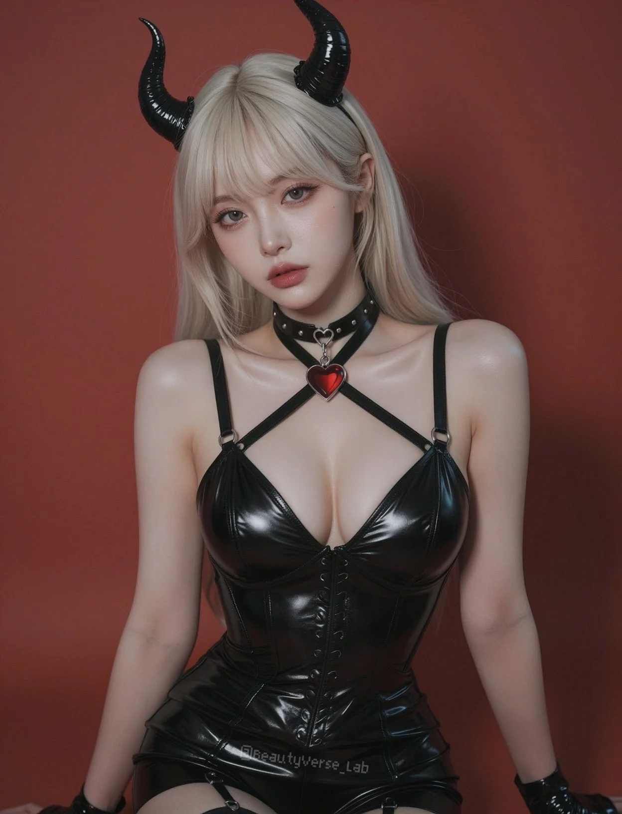 暗黑恶魔角乳胶紧身胸衣红色背景肖像