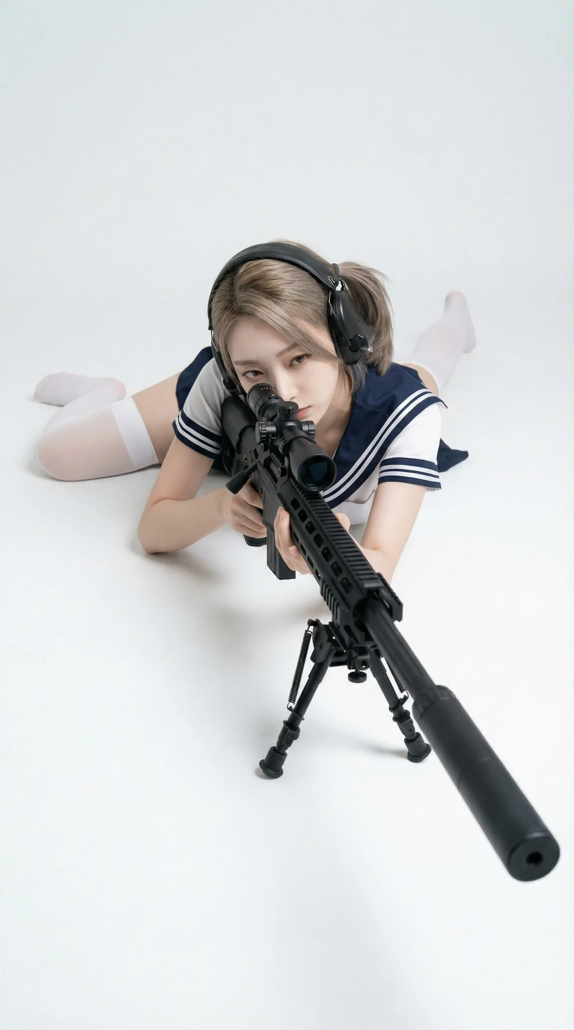Sailor Cosplay Prone Sniper White Studio Portrait