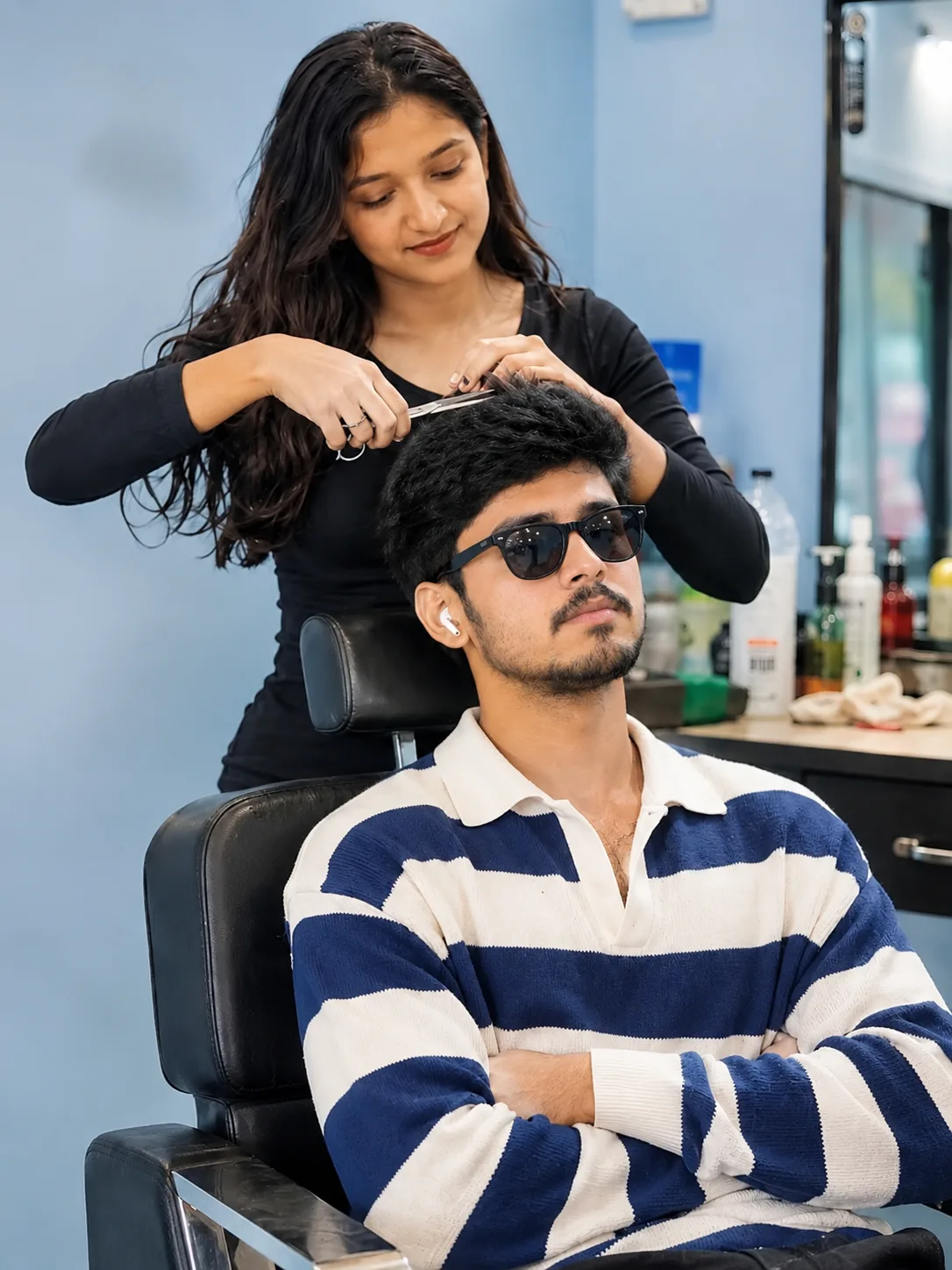 Create an ultra-photorealistic candid salon photograph matching the uploaded reference image as closely as possible.