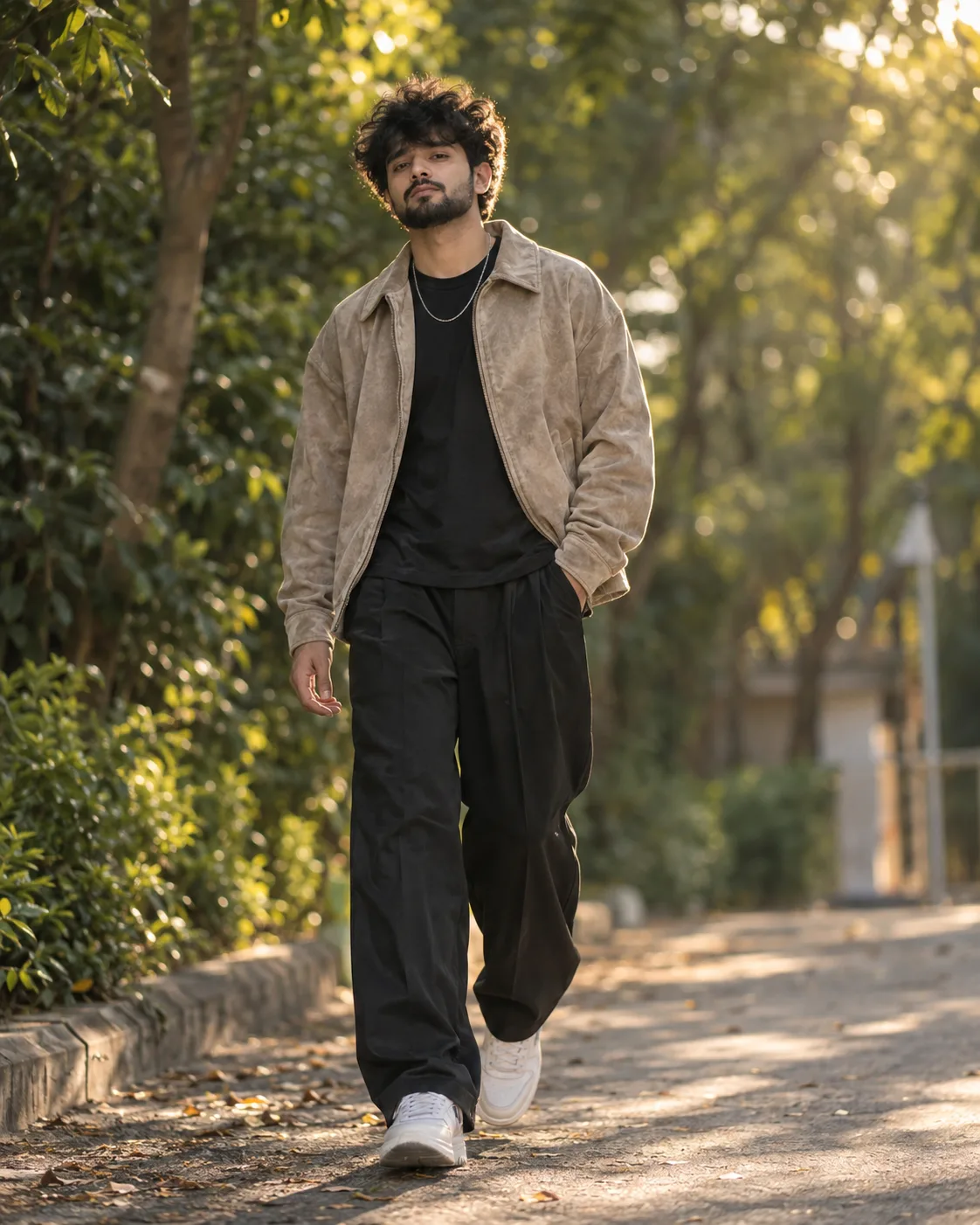 Vertical 4:5, street-style fashion editorial.