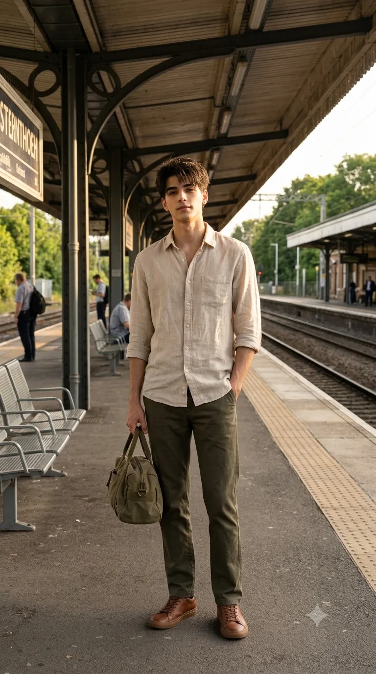 Ultra realistic full body photograph of a young man standing casually on a quiet railway platform during early morning, shot on a real DSLR