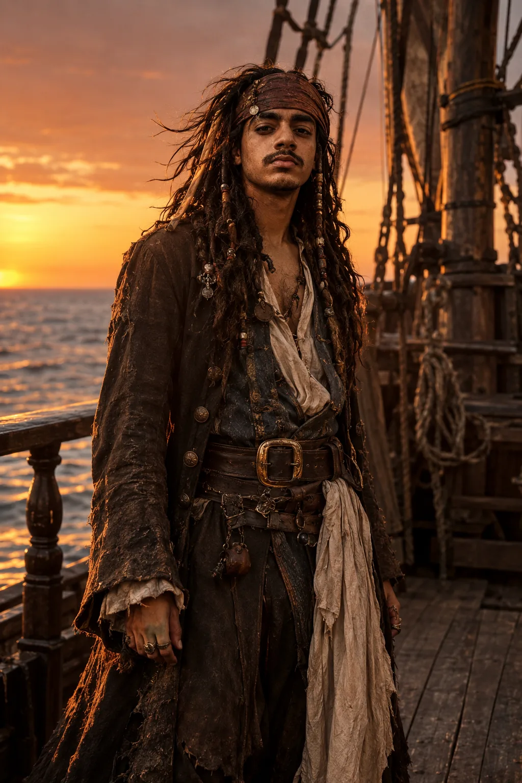 Ultra-realistic cinematic portrait of a rugged male pirate standing alone on the wooden deck of an old sailing ship at sunset, captured in
