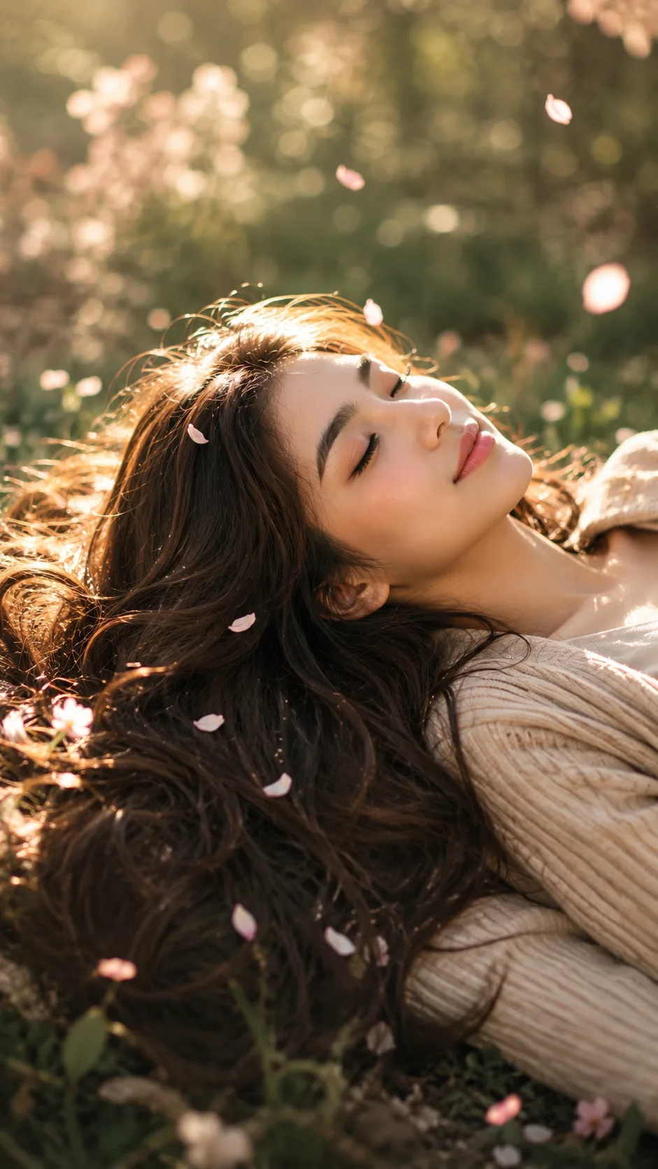 A dreamy cinematic portrait of a young woman lying peacefully outdoors with her head tilted back, captured in a soft side-profile view.