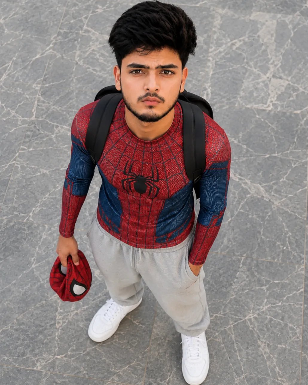 PROMPT: Ultra-realistic overhead portrait photograph, shot from directly above.