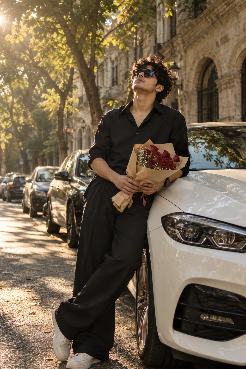 A cinematic, candid street photo of a stylish young man with curly hair, wearing black sunglasses, leaning casually against a white car on