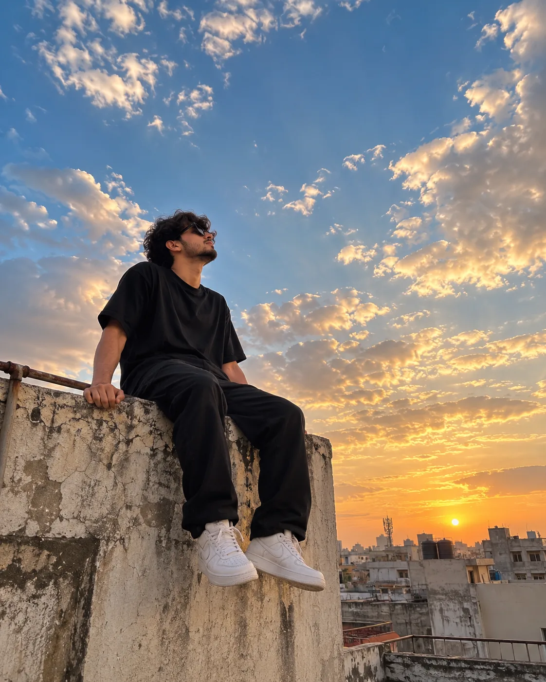 Ultra-Realistic Rooftop Sky Portrait Prompt Create an ultra-realistic cinematic full-body 4:5 portrait photograph of a young South Asian
